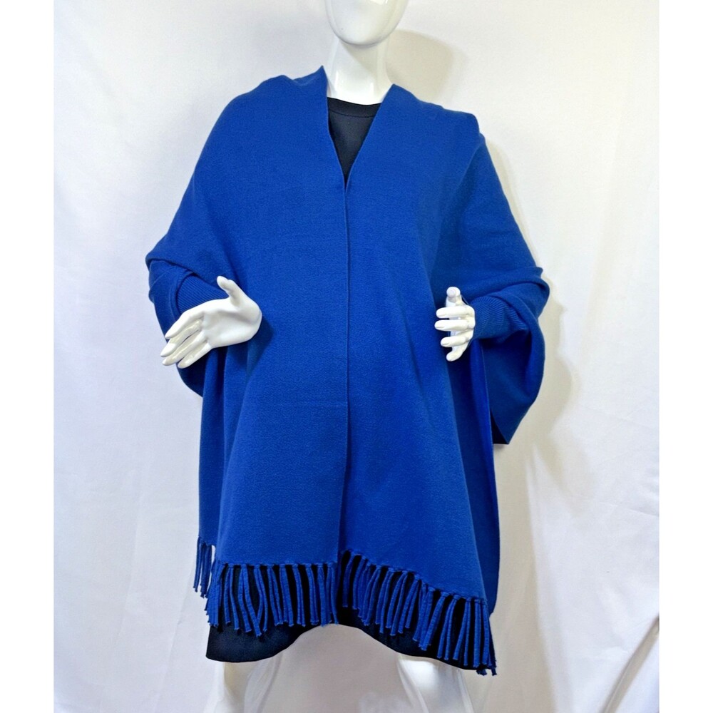 Boston Proper Cape Womens Poncho Fringe Blue Warm Wrap Boho Classic Lagenlook